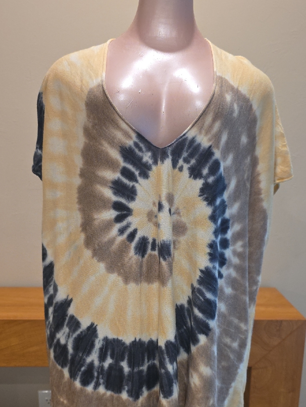 Kujten Paris Earthtone Tie-Dye V-Neck Tunic Cashmere Silk Boho Oversize